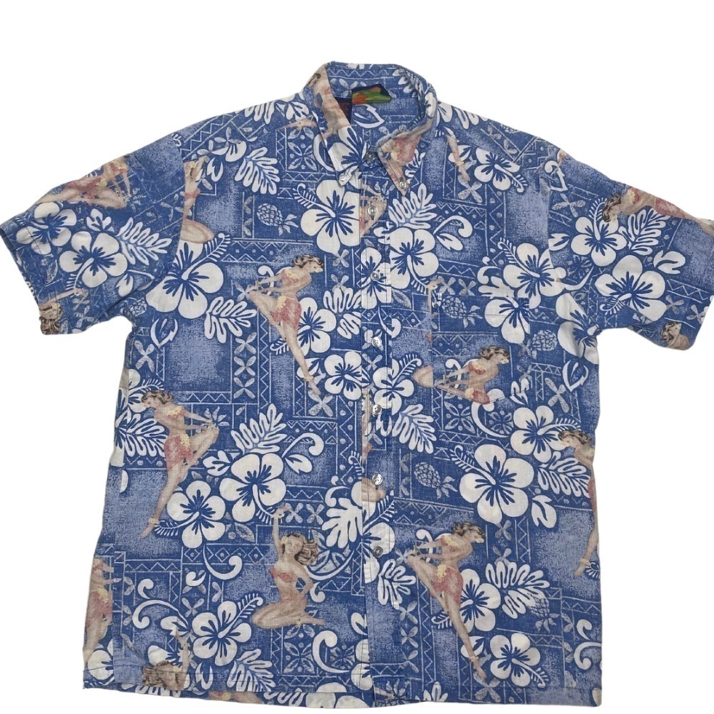 Roundy Bay Vintage Hula Girl Hawaiian Shirt Short Sleeve Button Up Sz L EUC